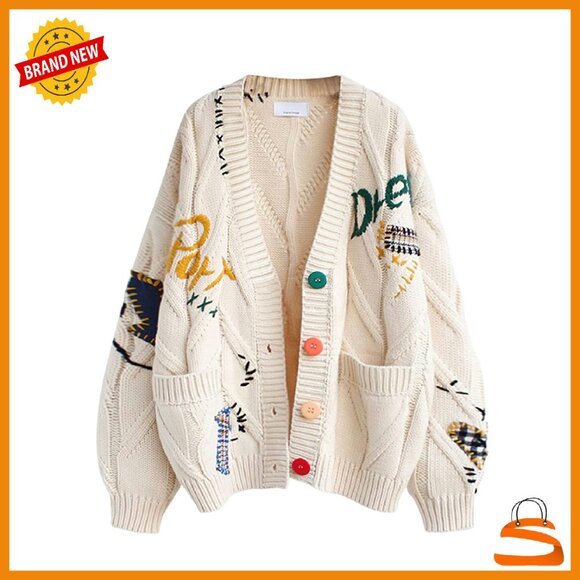 Sweaters - Wool Blend Cable Knit Cardigan V-Neck Open Front Pockets